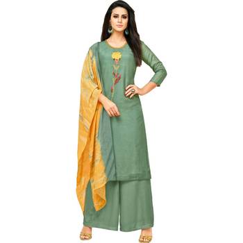 Teal Green & Mustard Uppada Silk Printed & Embroidered Women's Palazzo Suit 1