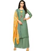 Teal Green & Mustard Uppada Silk Printed & Embroidered Women's Palazzo Suit