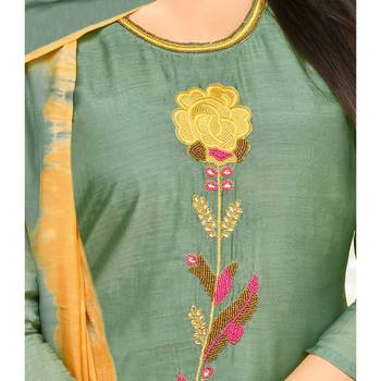 Teal Green & Mustard Uppada Silk Printed & Embroidered Women's Palazzo Suit 4