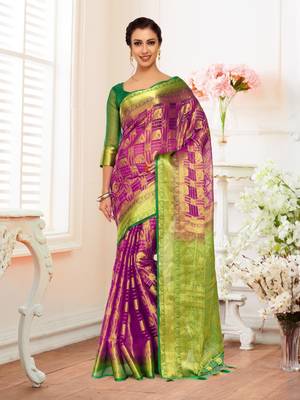Purple Woven Organza Saree With Blouse 2