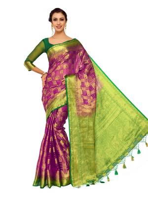 Purple Woven Organza Saree With Blouse 3