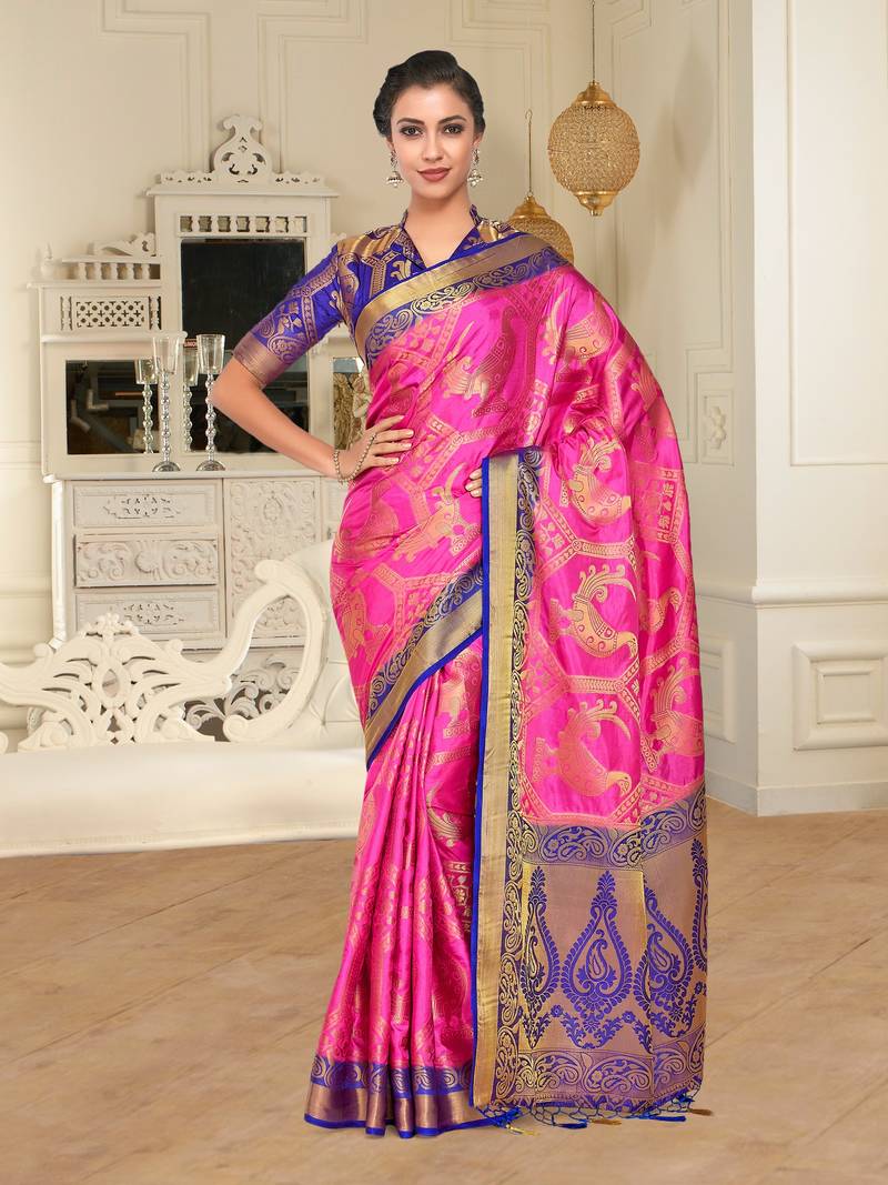 Pink Woven Art Silk Saree With Blouse