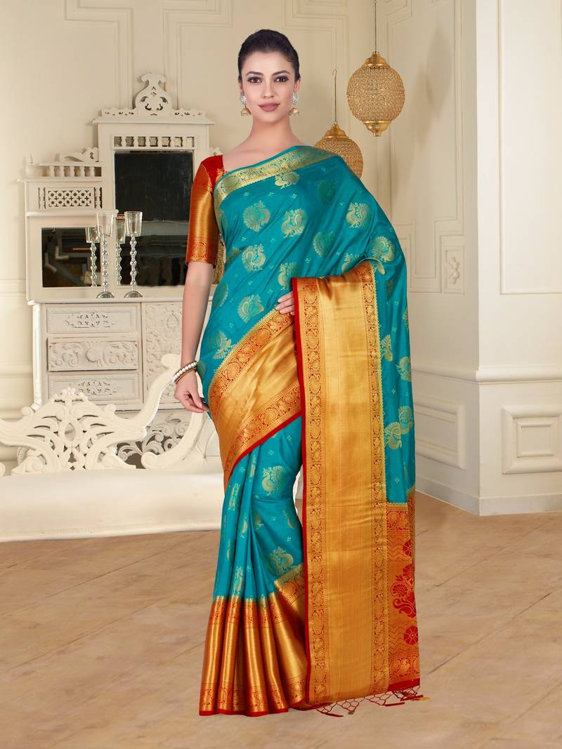 Turquoise Woven Art Silk Saree With Blouse