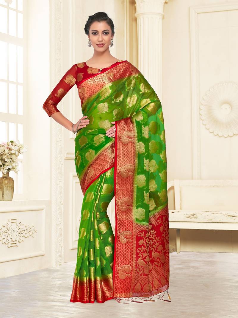Green Woven Art Silk Saree With Blouse