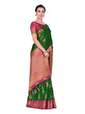 Green Woven Art Silk Saree With Blouse 4