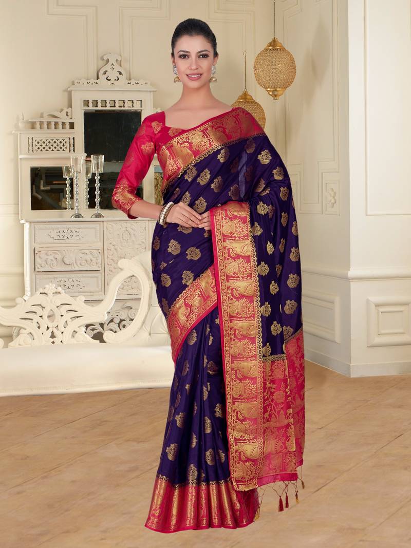Blue Woven Art Silk Saree With Blouse