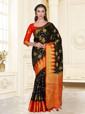 Black woven art silk saree with blouse 2