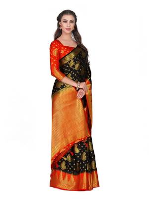 Black woven art silk saree with blouse 4