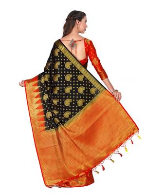 Black woven art silk saree with blouse 5