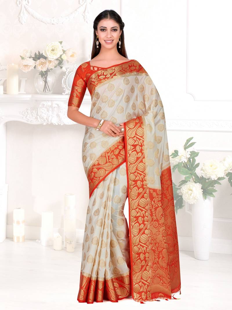 Beige Woven Art Silk Saree With Blouse