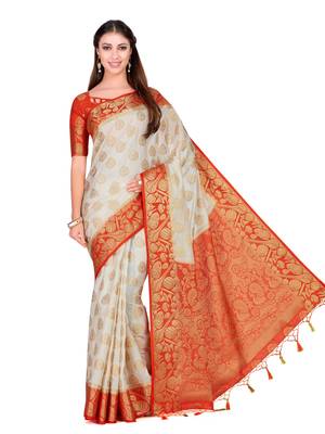 Beige Woven Art Silk Saree With Blouse 3