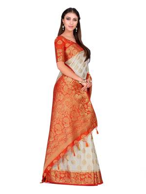Beige Woven Art Silk Saree With Blouse 4