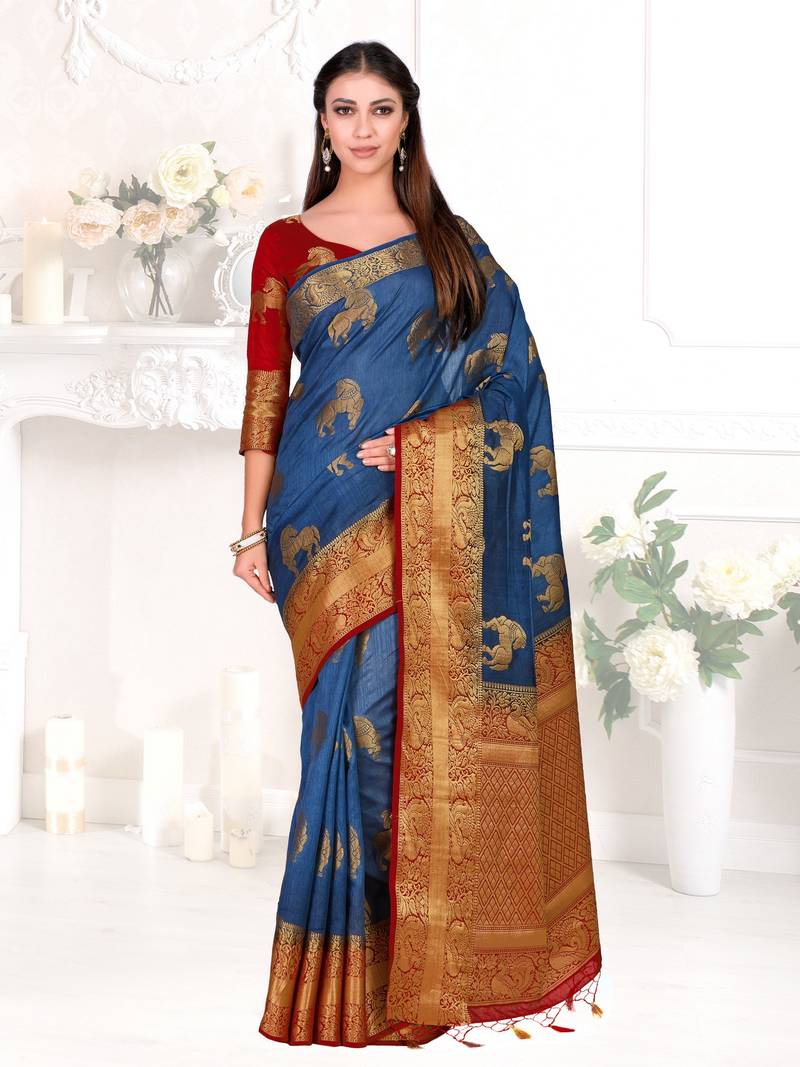 Blue Woven Art Silk Saree With Blouse