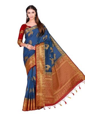 Blue Woven Art Silk Saree With Blouse 3