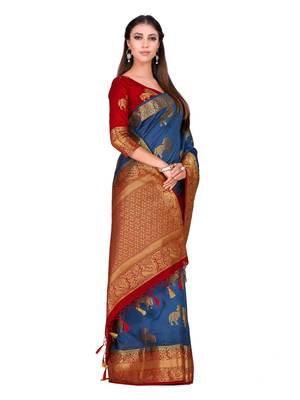 Blue Woven Art Silk Saree With Blouse 4