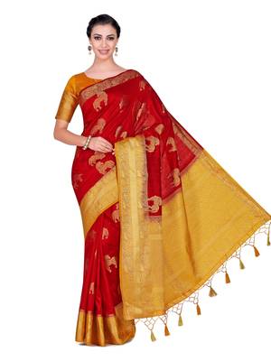 Red Woven Art Silk Saree With Blouse 3