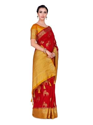 Red Woven Art Silk Saree With Blouse 4