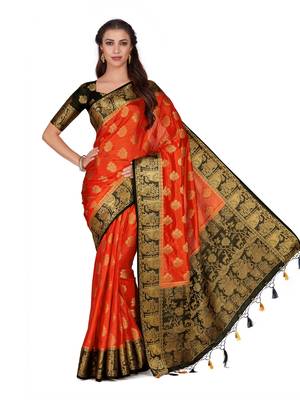 Orange Woven Art Silk Saree With Blouse 3