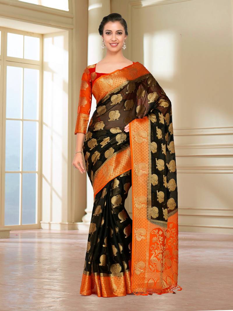 Black Woven Art Silk Saree With Blouse