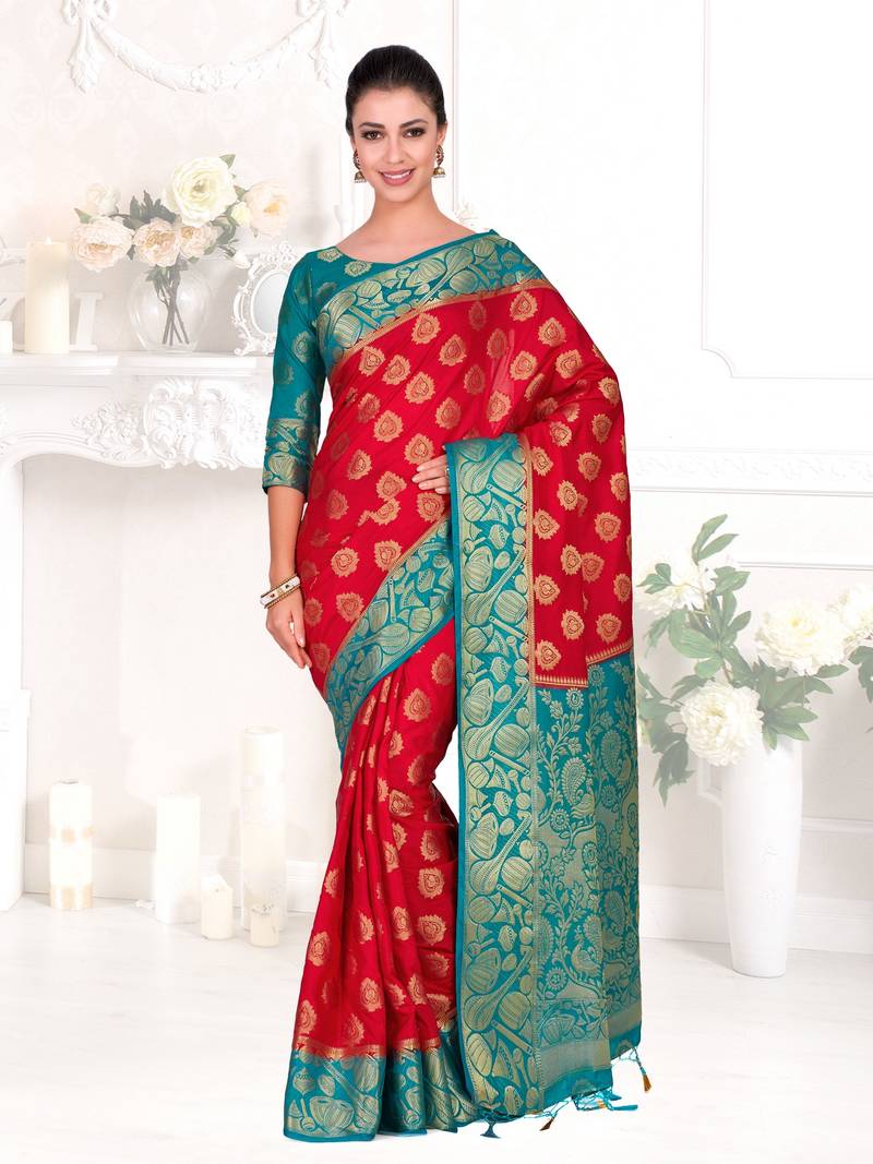 Red Woven Art Silk Saree With Blouse