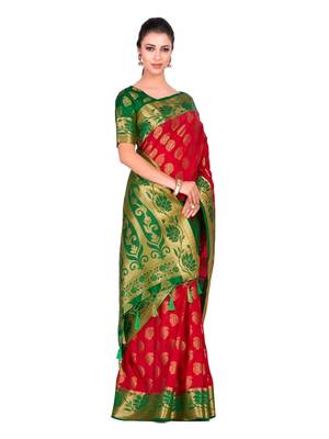 Red Woven Art Silk Saree With Blouse 3
