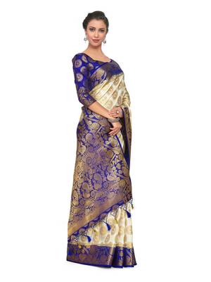 Beige Woven Art Silk Saree With Blouse 4