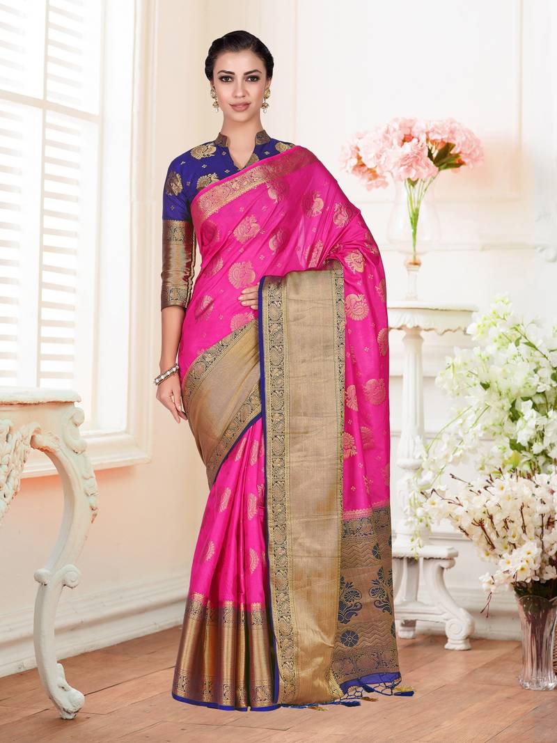 Pink Woven Art Silk Saree With Blouse