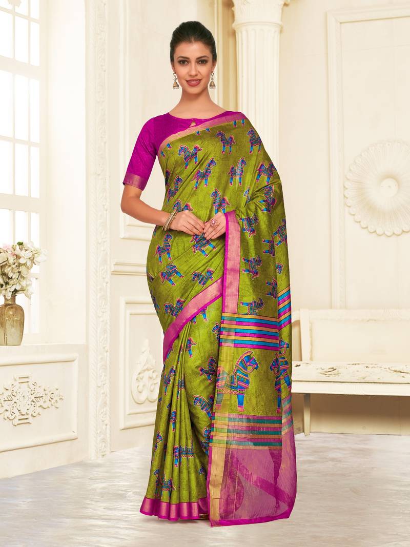 Green printed raw silk saree with blouse