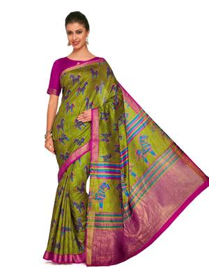 Green printed raw silk saree with blouse 3