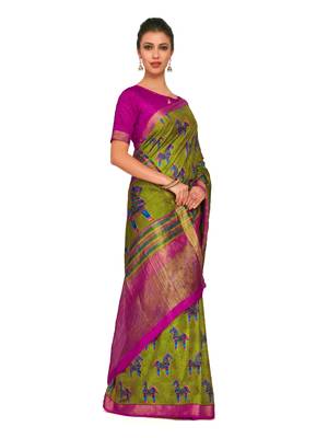 Green printed raw silk saree with blouse 4
