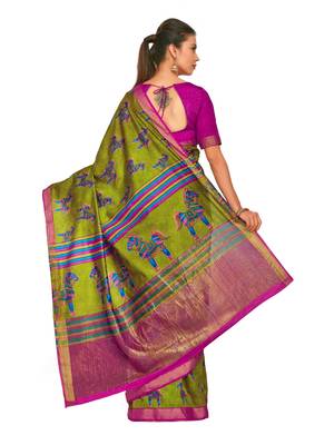 Green printed raw silk saree with blouse 5