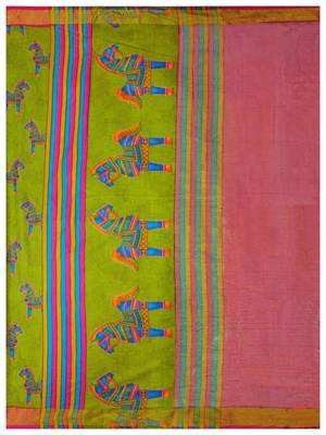 Green printed raw silk saree with blouse 8