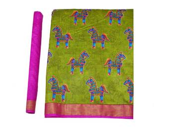 Green printed raw silk saree with blouse 9