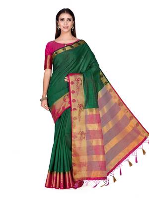 Green Woven Tussar Silk Saree With Blouse 3