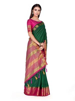 Green Woven Tussar Silk Saree With Blouse 4