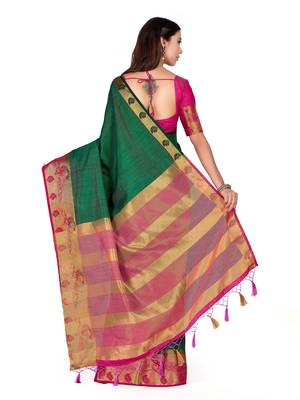 Green Woven Tussar Silk Saree With Blouse 5