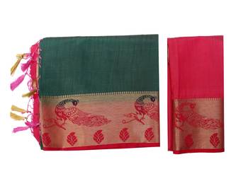 Green Woven Tussar Silk Saree With Blouse 9