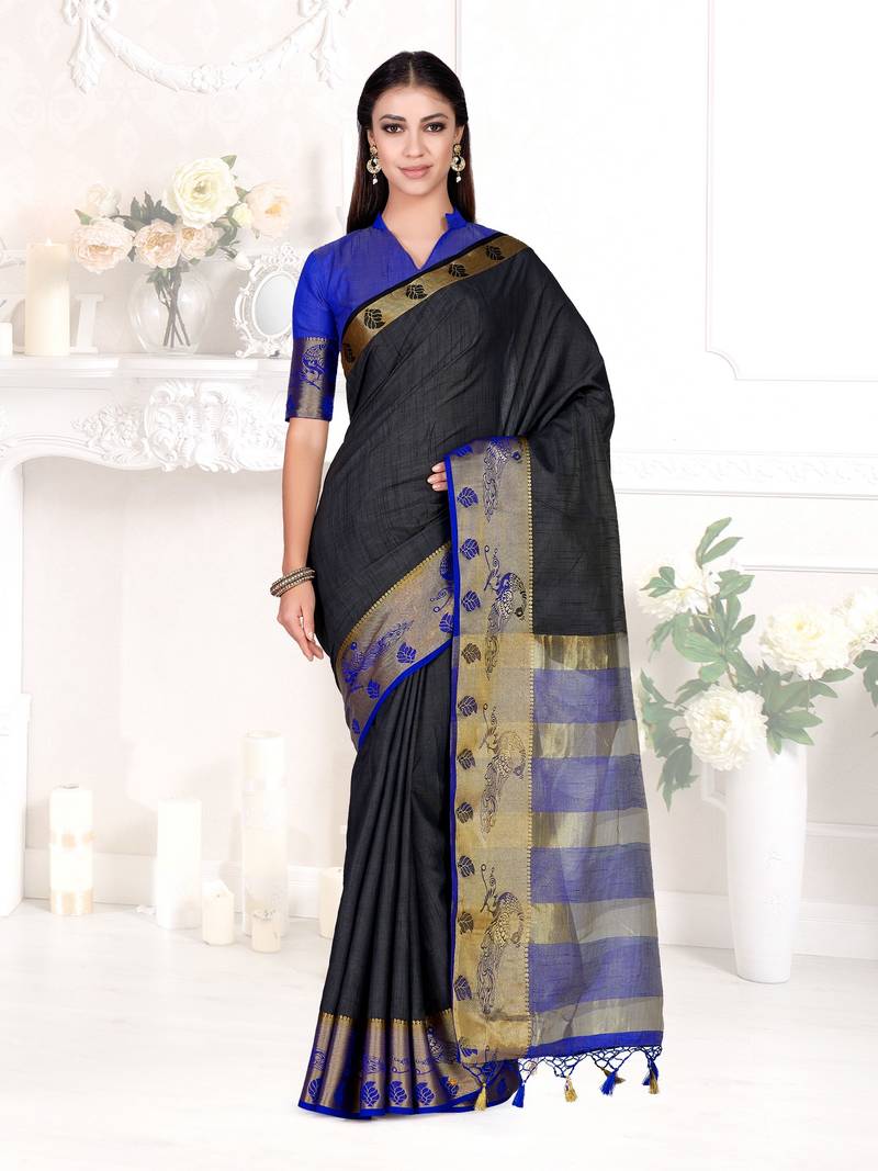 Black Woven Tussar Silk Saree With Blouse