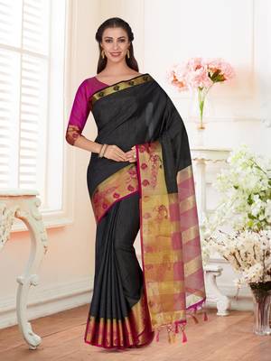 Black Woven Tussar Silk Saree With Blouse 2