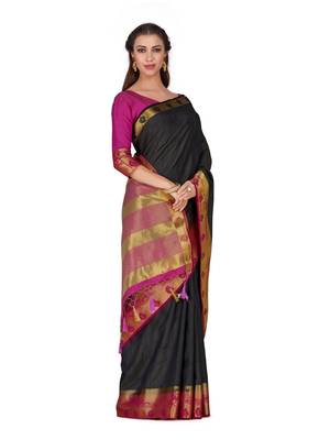 Black Woven Tussar Silk Saree With Blouse 4