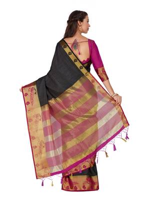 Black Woven Tussar Silk Saree With Blouse 5