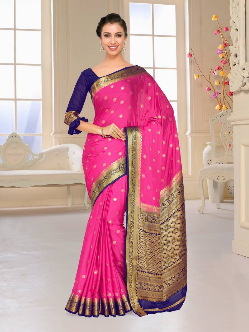 Pink Woven Crepe Saree With Blouse