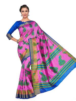 Pink Printed Raw Silk Saree With Blouse 2