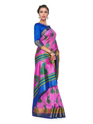 Pink Printed Raw Silk Saree With Blouse 3