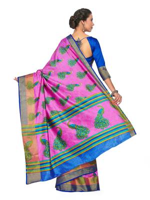 Pink Printed Raw Silk Saree With Blouse 4
