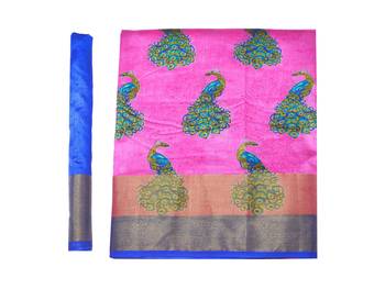 Pink Printed Raw Silk Saree With Blouse 8