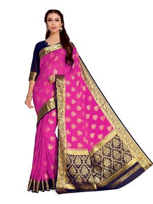 Pink Woven Chiffon Saree With Blouse 2