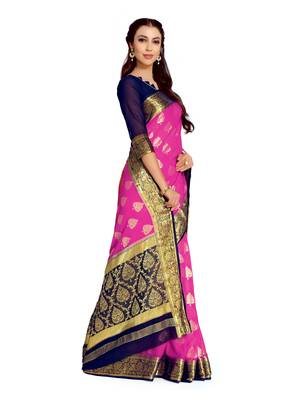 Pink Woven Chiffon Saree With Blouse 3