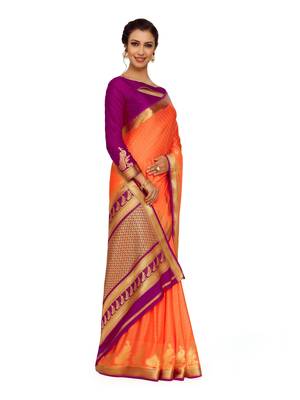 Orange woven crepe saree with blouse 3