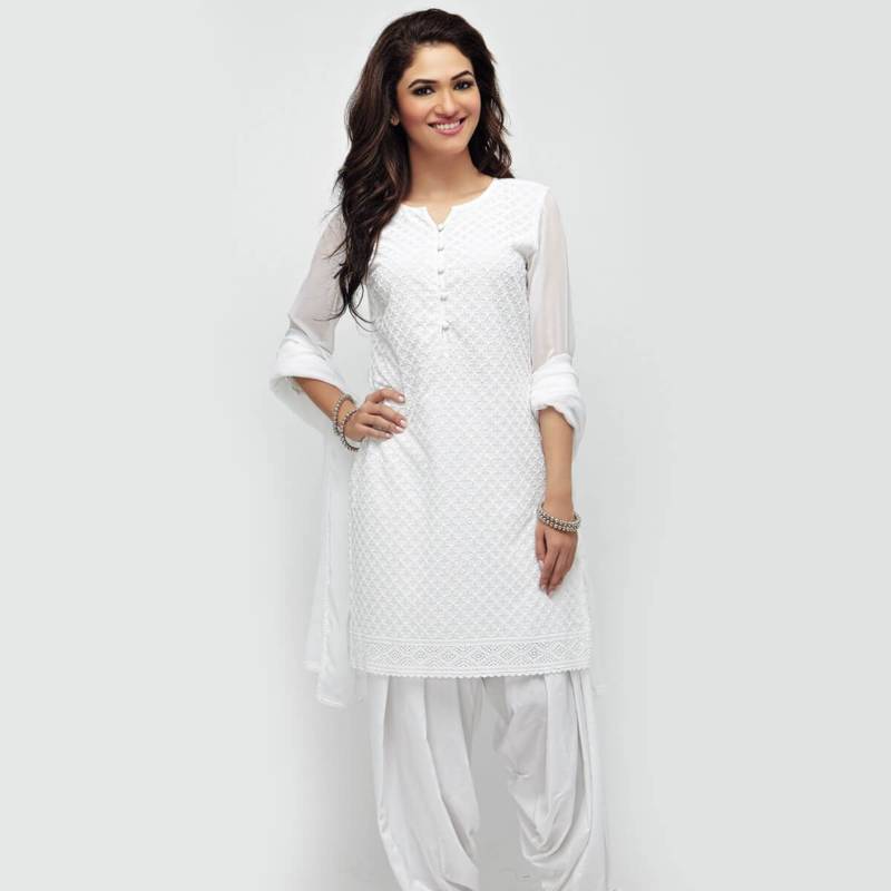 Off White Cap Sleeve Kurta and Churidar Unstitched Set For